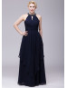 Beaded Halter Neck Navy Blue Chiffon Long Bridesmaid Dress